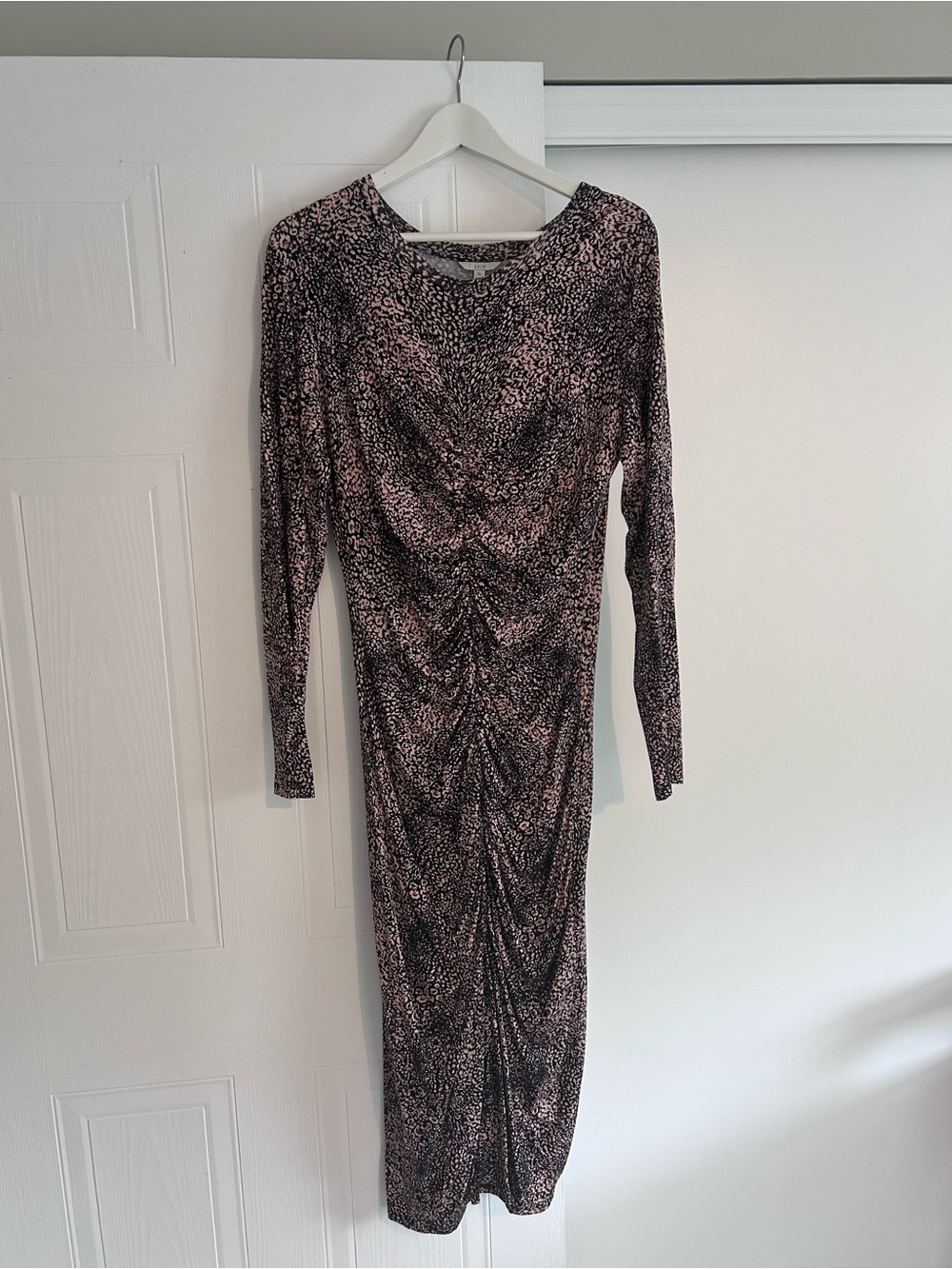 Joie Pink and Black Ruched Long-Sleeve Midi Dress